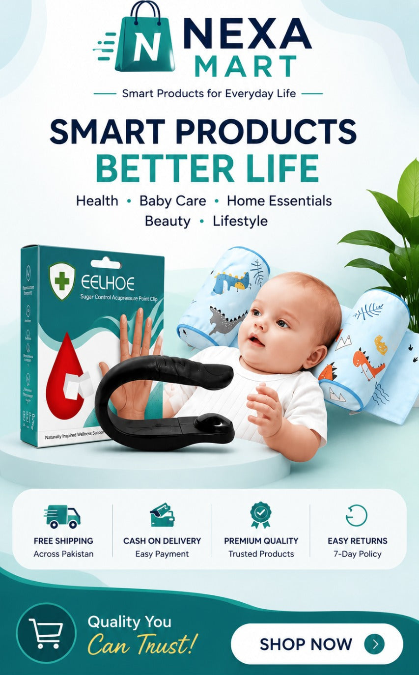 A promotional banner for NEXA MART featuring a baby care product. The banner includes the NEXA MART logo at the top, a teal and white box labeled 'EEHOE', a black curved baby support band, and a baby wearing a blue patterned head support pillow.